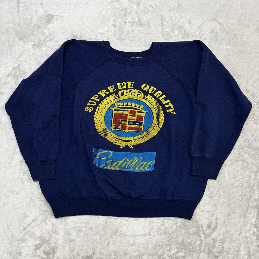 Vintage Cadillac Supreme Quality USA Navy Blue Crewneck Sweatshirt Large Mens